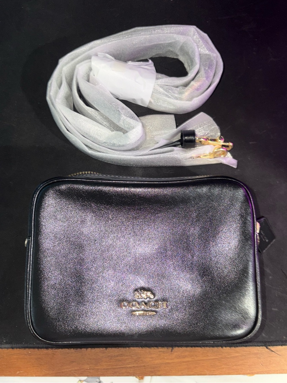 New COACH Mini Carey Crossbody Bag Gold/Black Shiny smooth leather CEA02